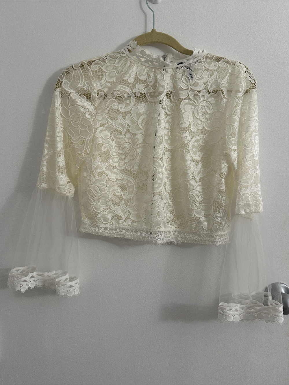 Ivory Lace Blouse with Sheer Tulle Trumpet Sleeves